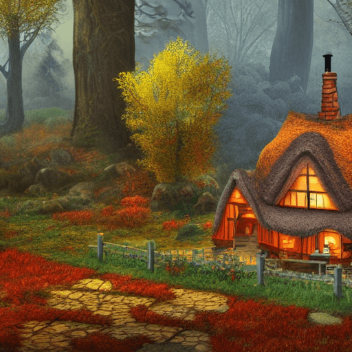 AI generated: miniature single cottage in a fantasy setting surrounded by trees in warm colors, cozy atmosphere; 8...