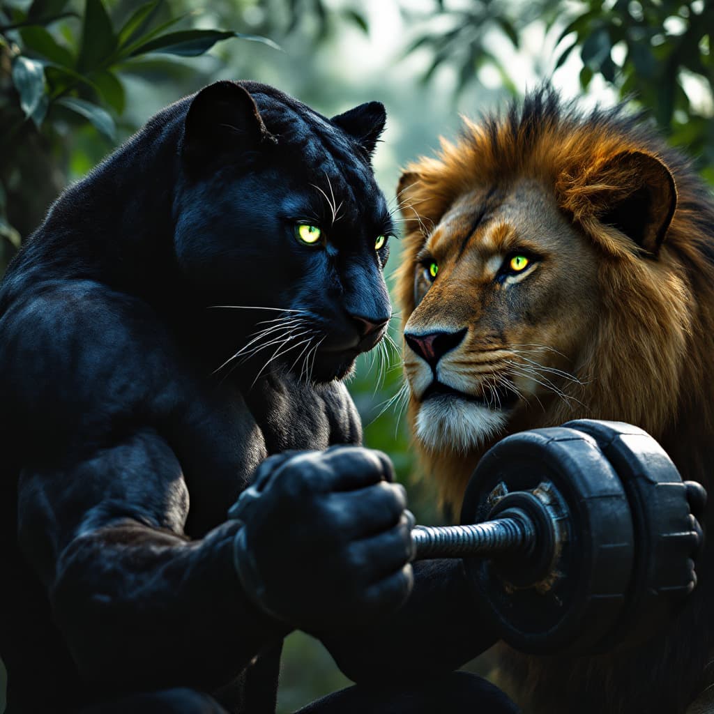 AI generated: black panther with radiant green eyes lifting free-weights with gloves in the African jungle, while ...