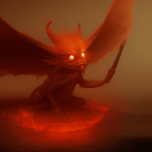 AI generated: A chibi tiny winged fire demon with tail on a boat, in hell on a river of blood, horror film by tim ...