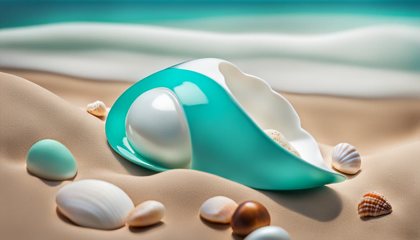 AI generated: 200 mm macro lens photo of tiffany brand ad concept, insane realistic sand and pebbles, open shell, ...