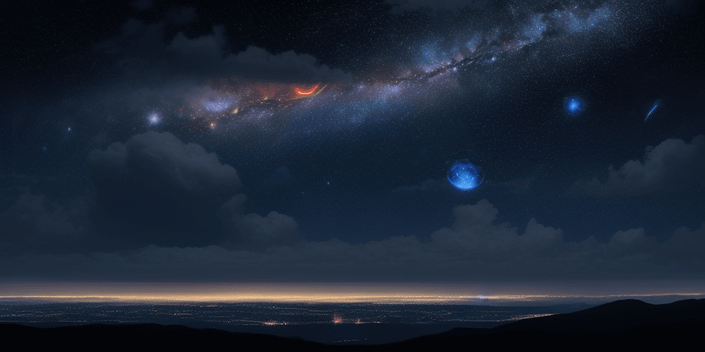 AI generated: cosmic night sky filled with planets, clouds, constellations and a supernova. Tranquil peaceful land...