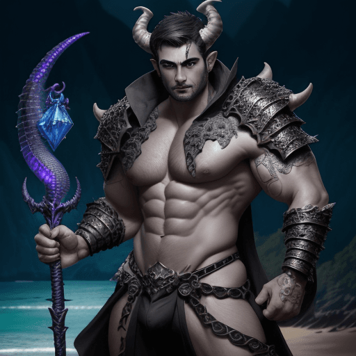 AI generated: A dark short hair male necromancer with scales, a staff, highly detailed, DND, Dragon summoner, drag...