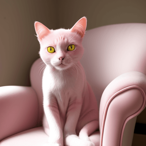 AI generated: Pink cat with yellow eyes, lying on chair 