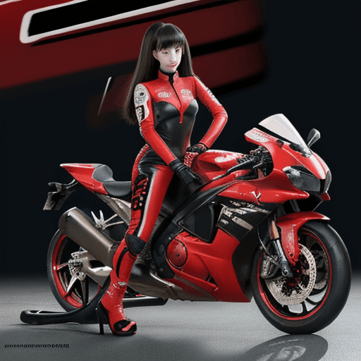 AI generated: A beautiful girl wearing a red and black racing suit poses next to a motorcycle in the style of anim...