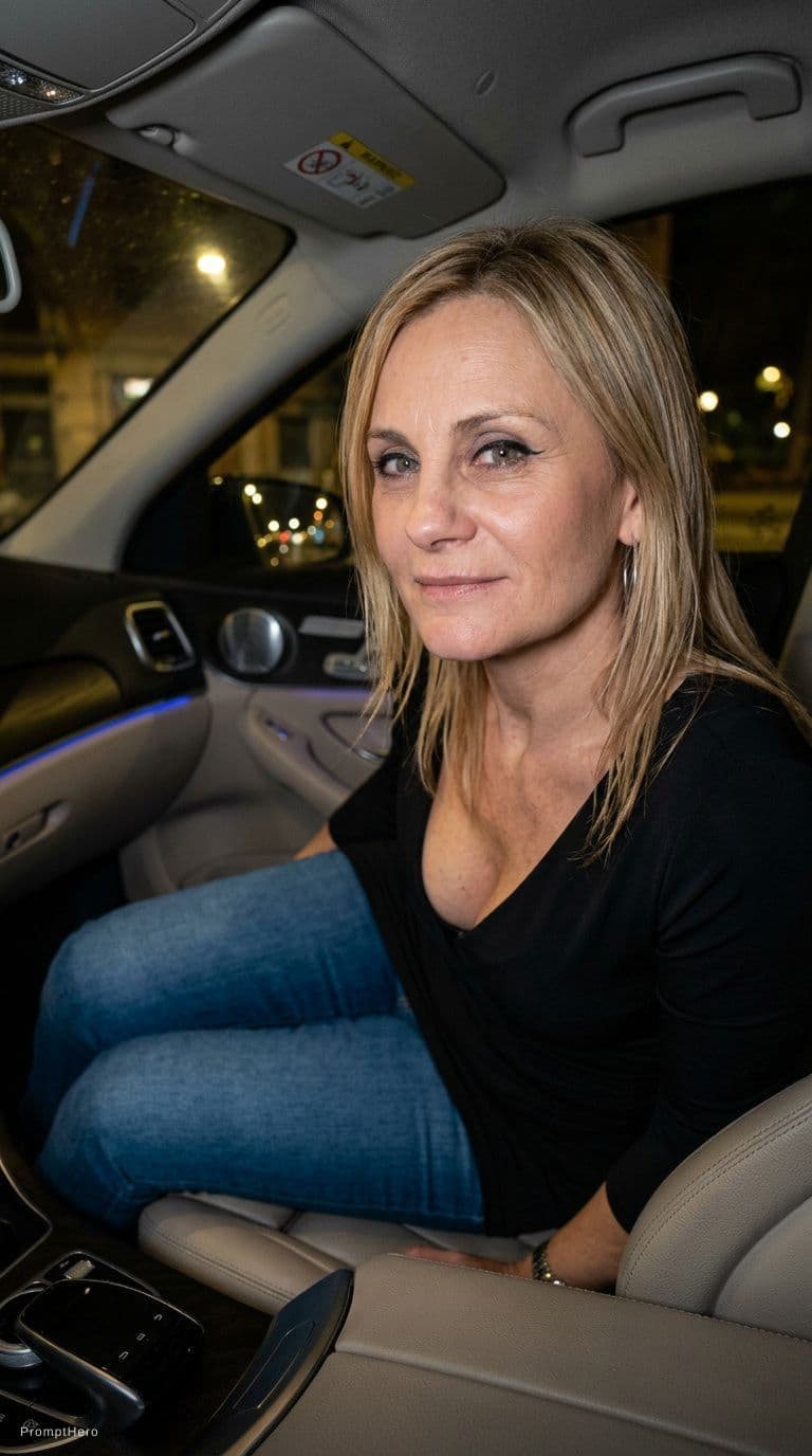 AI generated: Make her wear a décolleté dress and fit formous jeans, same hairstyle, sitting at night on a car sea...