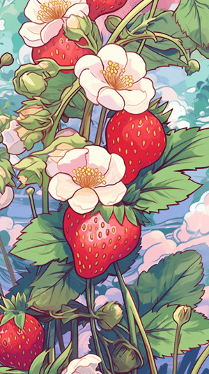AI generated: A dreamy illustration, anime delicate strawberries blooming and floating, garden-air, inspired by Ar...