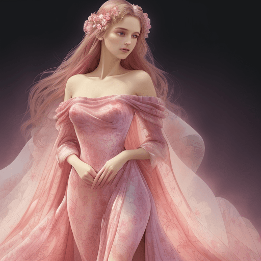 AI generated: a close up of a woman in a dress with a flowered design, wearing pink floral gown, draped in velvet ...