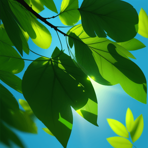 AI generated: High resolution photographic scene of green leaves, sunlights spread, behind leaves blue sky, soft s...