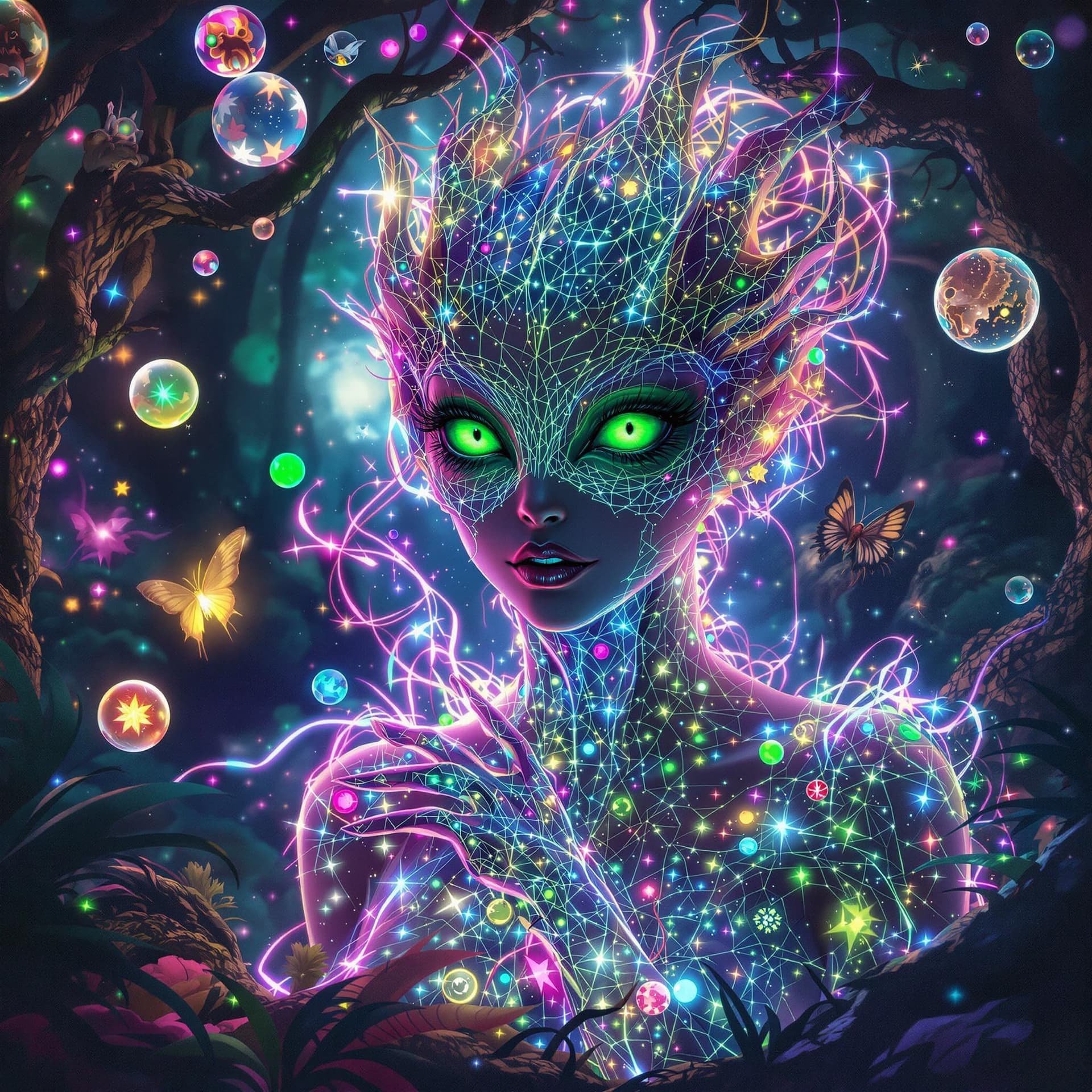 AI generated:  Surreal 4k painting of a beautiful alien princess with expressive green reptilian eyes and cosmic f...