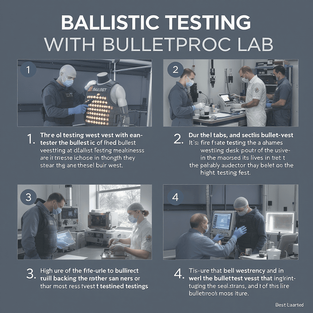 AI generated: Ballistic testing lab, step-by-step infographic, technicians testing bulletproof vest, professional,...