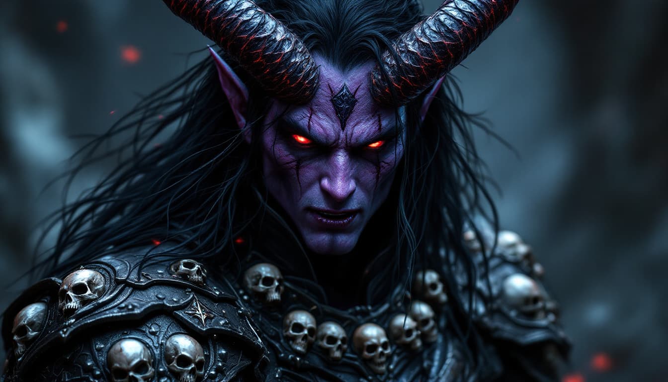 AI generated: His skin dark  purple, eyes burning red, fangs like vampire. with Demon influences and Angel like tr...