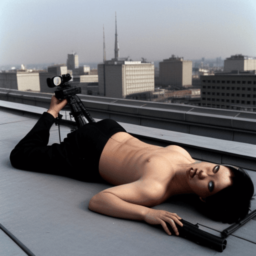 AI generated: Boris Yeltsin lying on the rooftop shoots with a sniper rifle