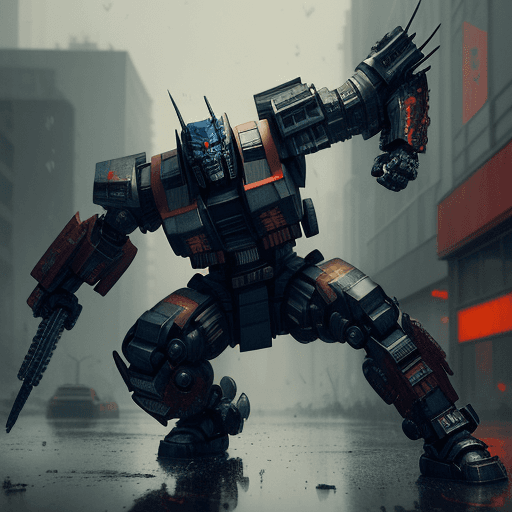 AI generated: /imagine prompt:painting style, urbanpunk, low angle shot, a cybernetic samurai Optimus Prime in a p...