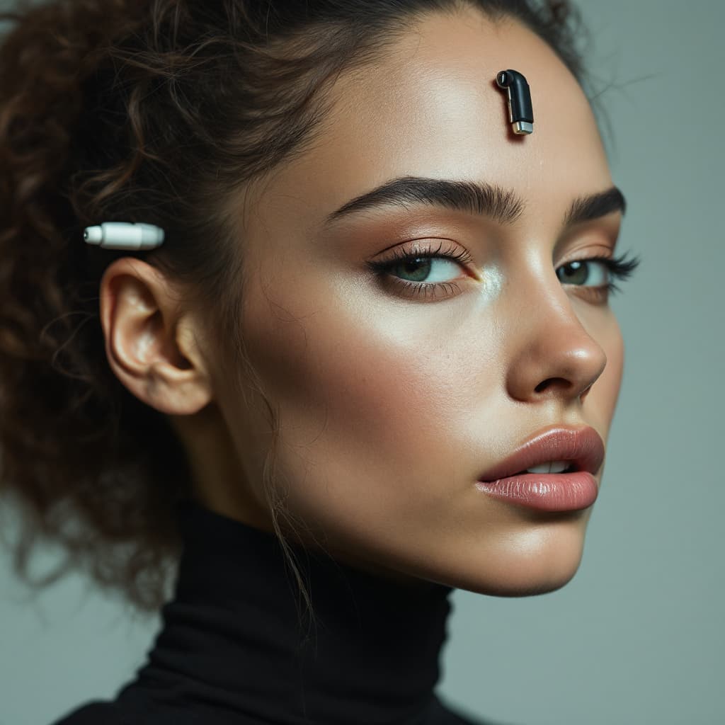 AI generated: A photo model with one used earplug stuck to her forehead.
