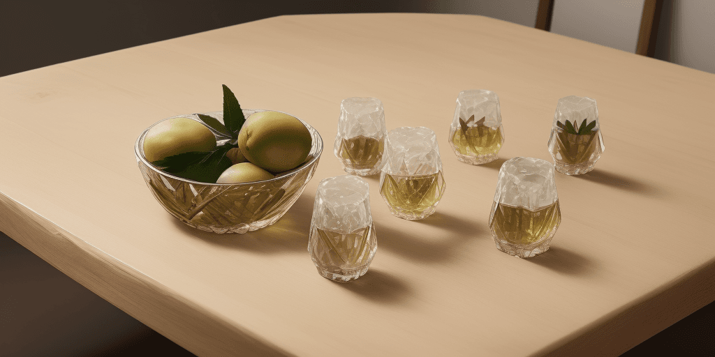 AI generated: un cuenco de cristal con aceitunas aliñadas dentro sobre una mesa de madera de olivo. A la izquierda...