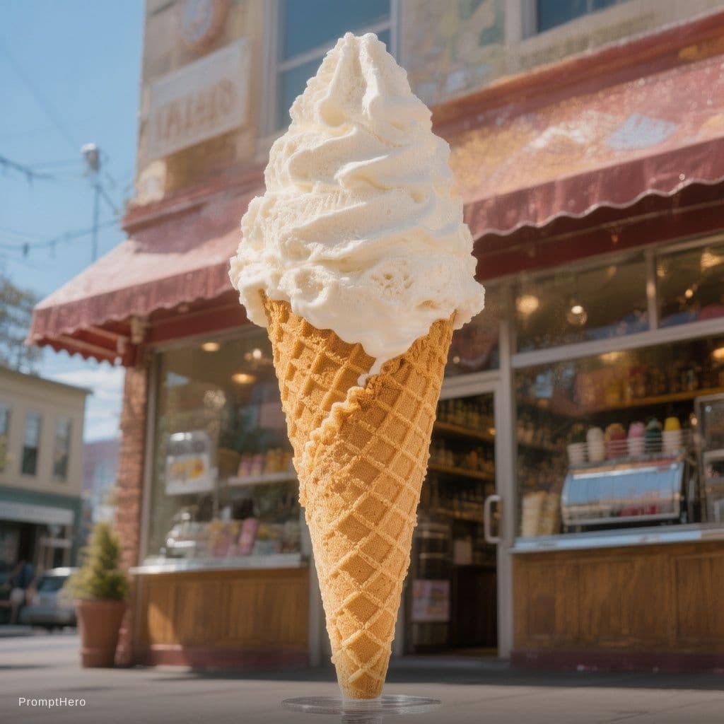 AI generated: A HUGE ICE CREAM CONE IS PLACED IN THE MIDDLE OF THE ICE CREAM STORE, THE ICREAM CONE IS PALACED A B...