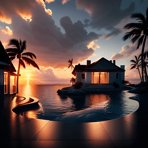 AI generated: a 4k ultrarealistic photorealistic seaview mansion, during slightly cloudy evening and sunset. The h...