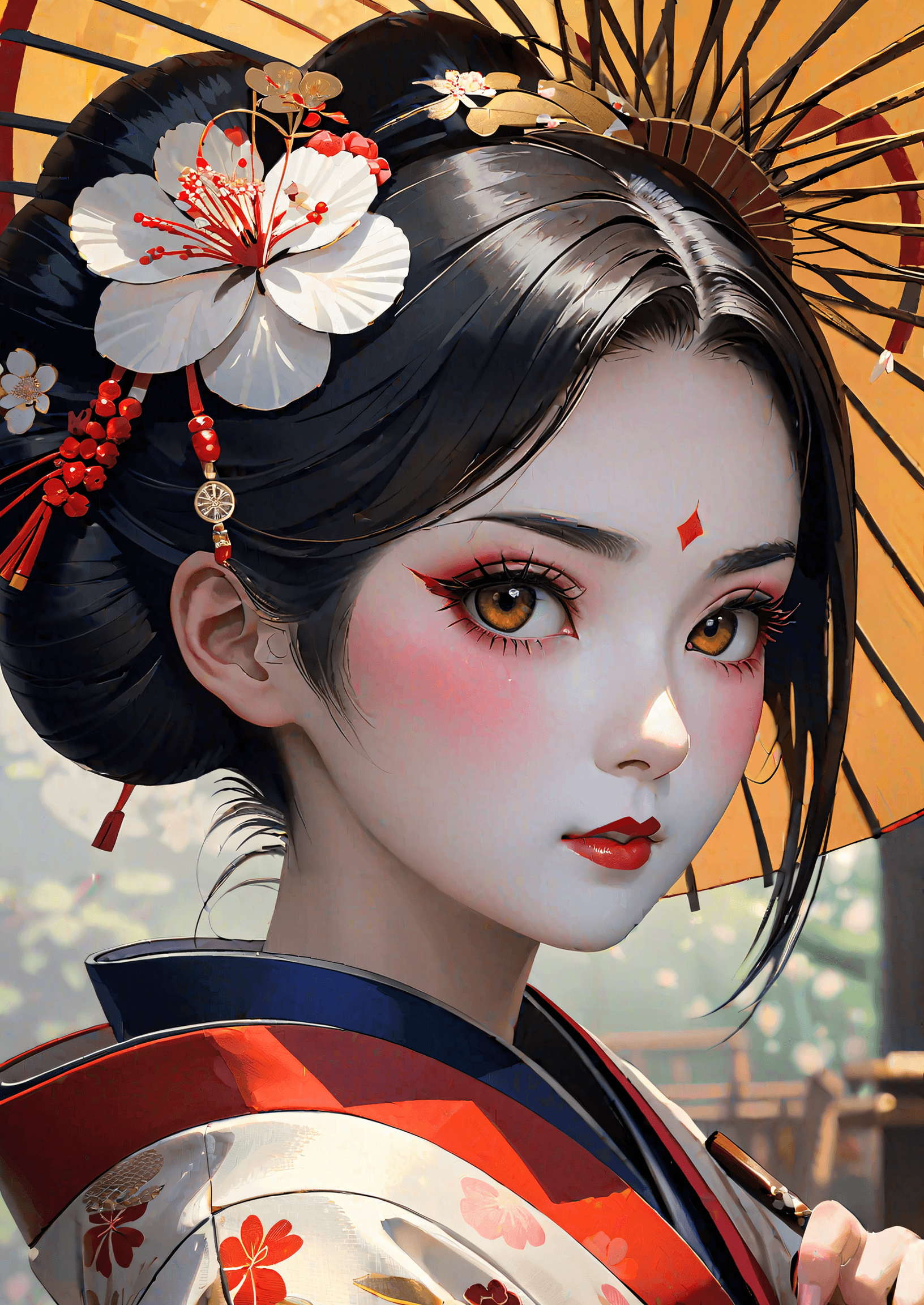 AI generated: Masterpiece, Stunning, Best quality, Elegant Japanese geisha, facial closeup