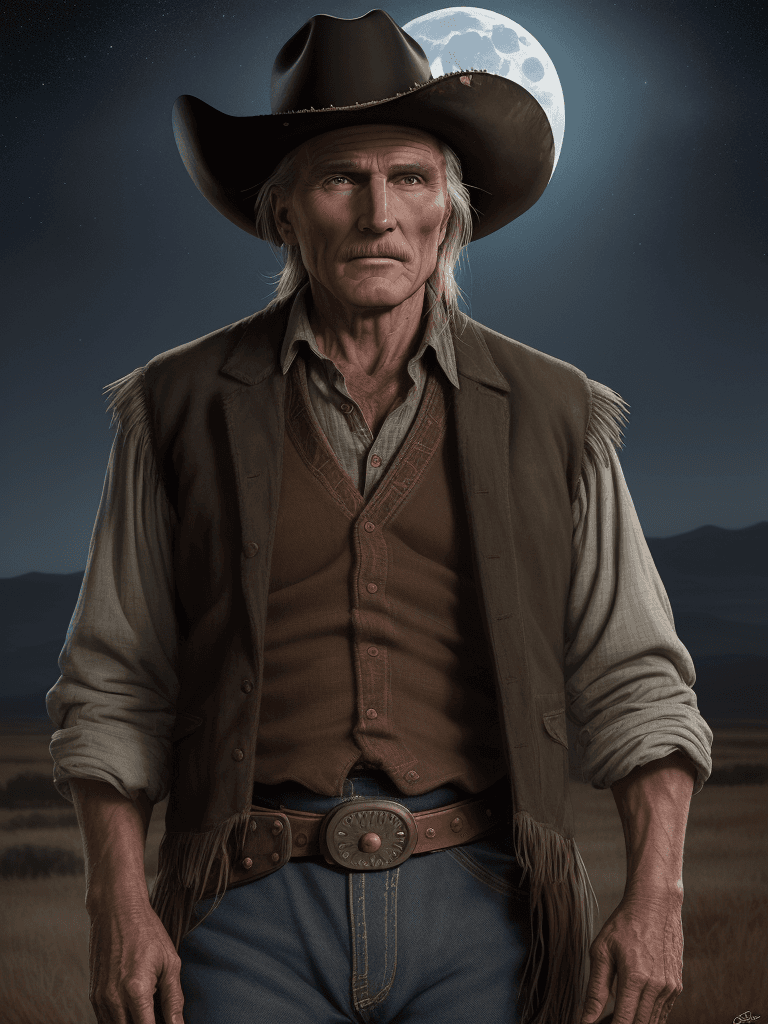 AI generated: Cowboy character "Gus McCray" as played by Robert Duvall in the movie Lonesome Dove, magical moonlit...