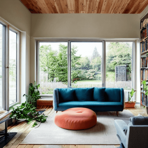 AI generated: high resolution photography interior design, dreamy sunken living room conversation pit, wooden floo...
