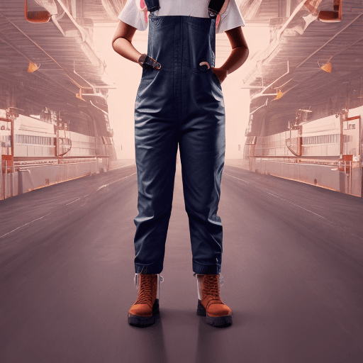 AI generated: young girl in a worker suit (tight overalls), realistic style, sunny weathe, dark colors, offset pri...