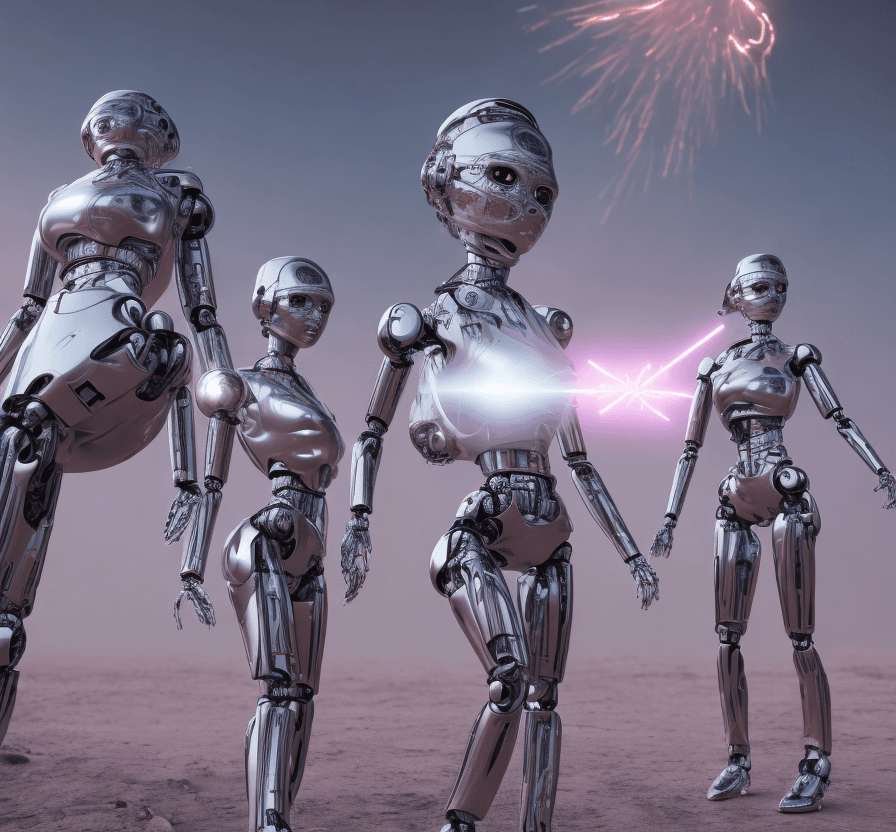 AI generated: 2  iron humanoid female robots are walking on a desert snowy planet . Electric sparks. s. 8k, intric...