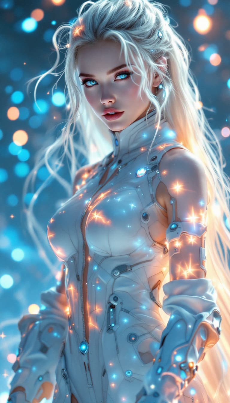 AI generated: An ultra-realistic, full-body portrait of a captivating celestial hunter woman, radiating focused de...