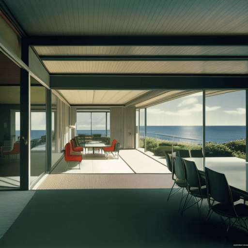 AI generated: Hyper realistic eye level exterior photo of a mid century modern style house overlooking the ocean, ...