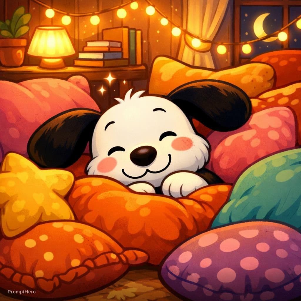 AI generated: A whimsical cartoon of an adorable white dog with large black ears, nestled among vibrant, plush cus...