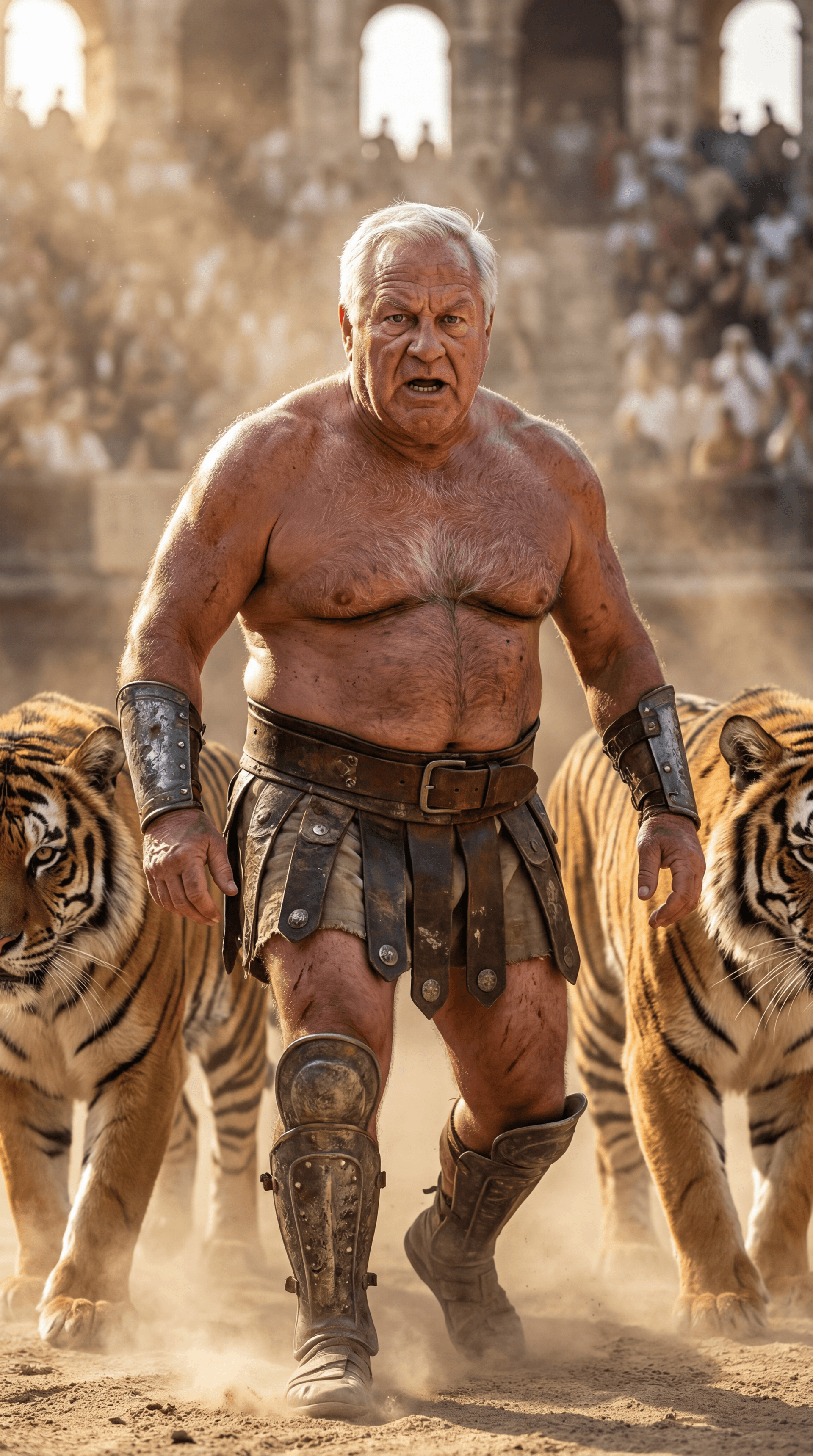 AI generated: Ultra-realistic documentary-style action photography inside the Roman Colosseum, extremely white hai...