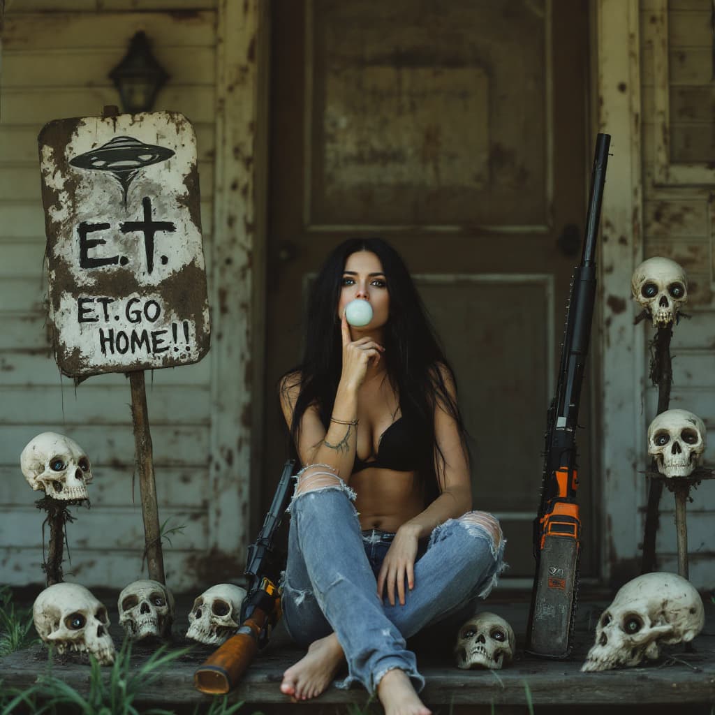 AI generated: full length view of a woman, long black hair, black bra, ripped jeans, barefoot (((shows feet))), si...