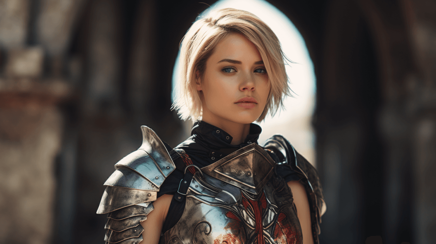 AI generated: pretty blonde girl with short hair smiling with colorful cyberpunk gladiator armor, 16-35mm lens, f/...