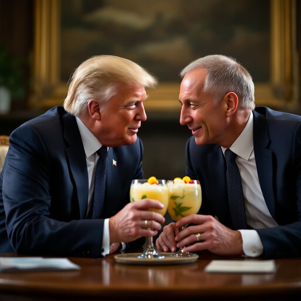 AI generated: Donald Trump and Jens Stoltenberg in a loving meeting admiring each other while sipping on a pina co...