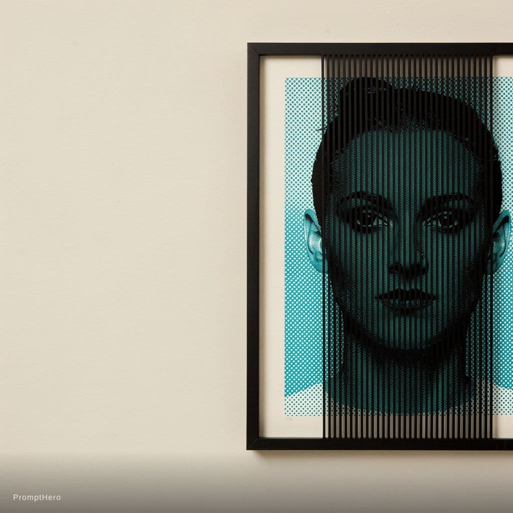 AI generated: {
  "scene": "Parallel black slits over a blue portrait halftone create a hidden face that appears o...