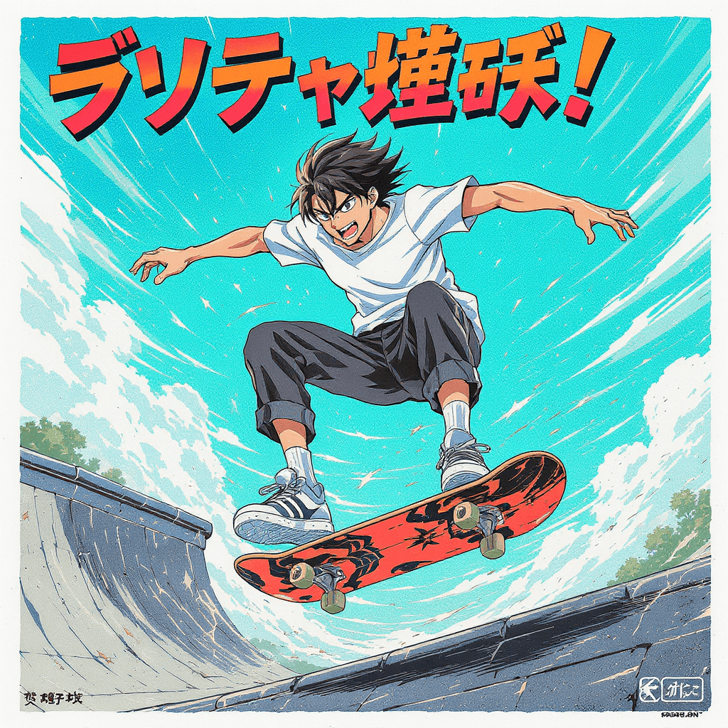 AI generated: Skate boarder, anime style, jumping, turquoise backgound, details, poster design