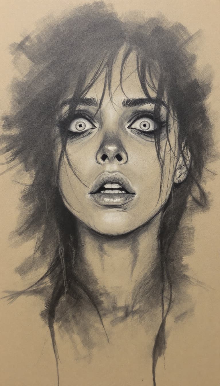 AI generated: Girl, charcoal sketch, scared