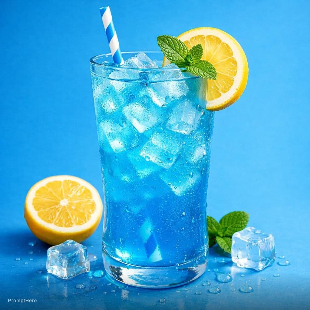 AI generated: photography, blue, summer, one cool blue lemonaid with ice, isolated layout, realistic light, rich d...