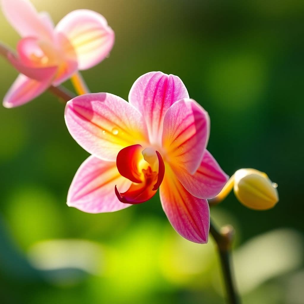 AI generated: A  vibrant orchid flower in full bloom, ultra-realistic style, with soft morning sunlight filtering ...