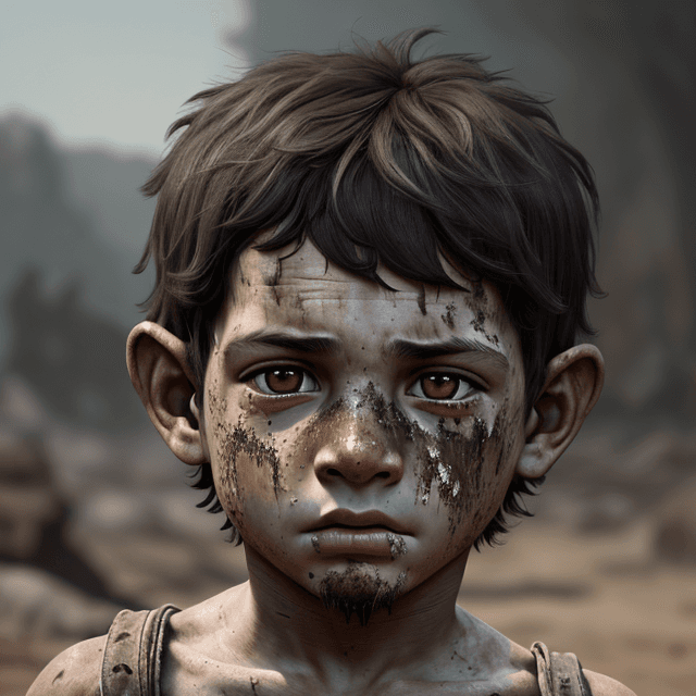 AI generated:  the dirty face of a young prehistoric boy, frontal view, 8k