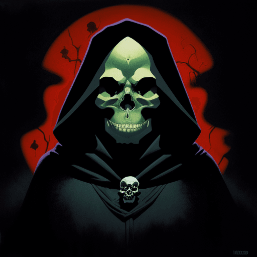 AI generated: mysterious cloaked skull, occult, horror, in the style of Mike Mignola and Duncan Fegredo by Botero,...