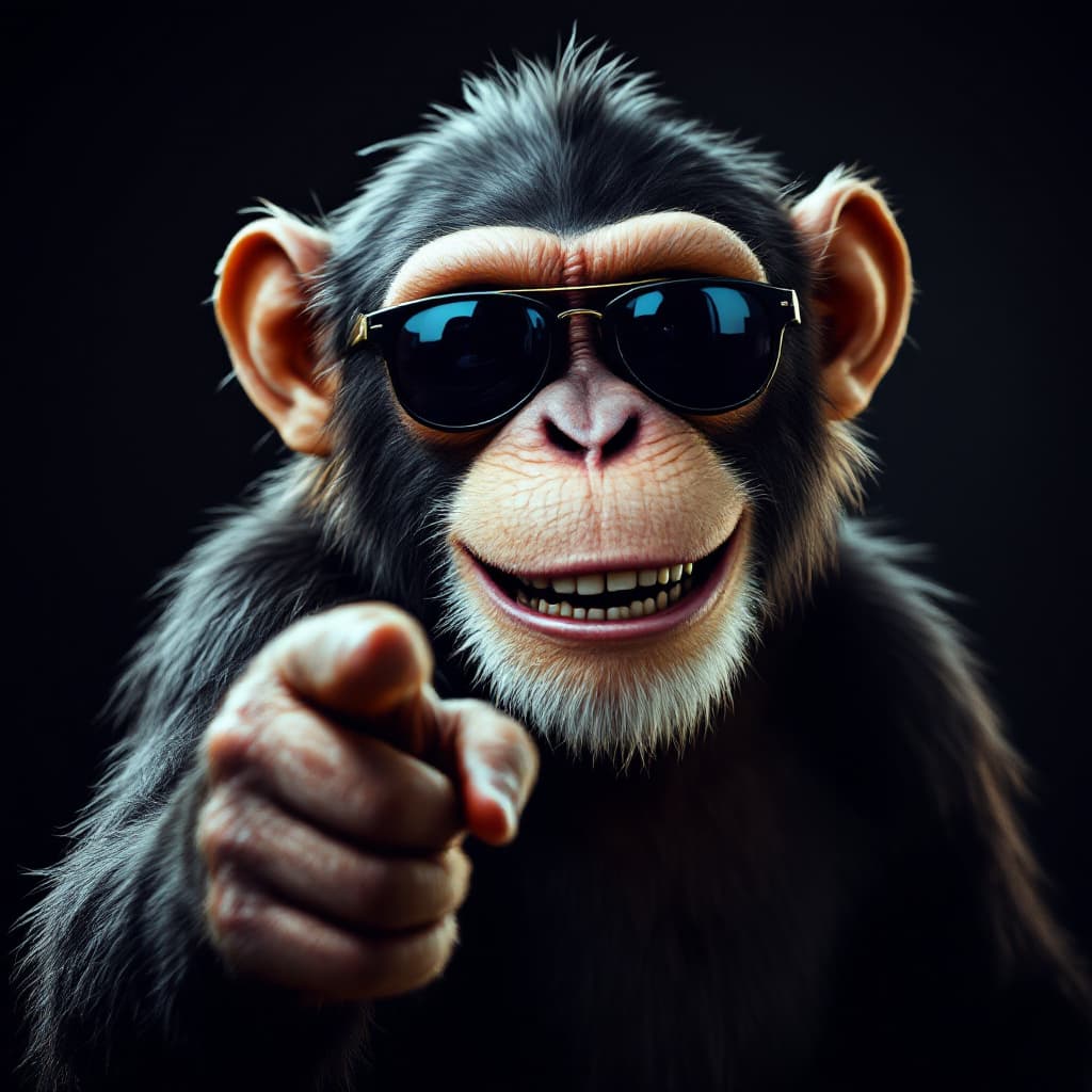 AI generated: A smiley monkey with dark glasses and a beer in hand pointing towards the camera