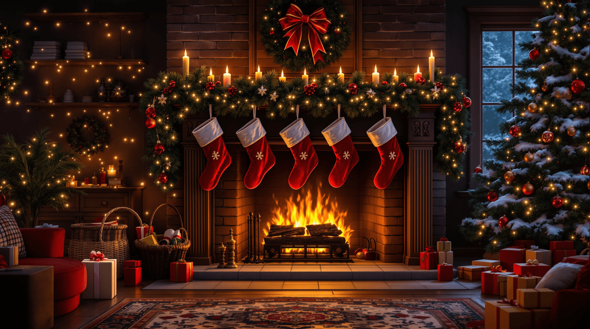 AI generated: A Christmas Eve fireplace scene with stockings, garlands, and a glowing hearth"