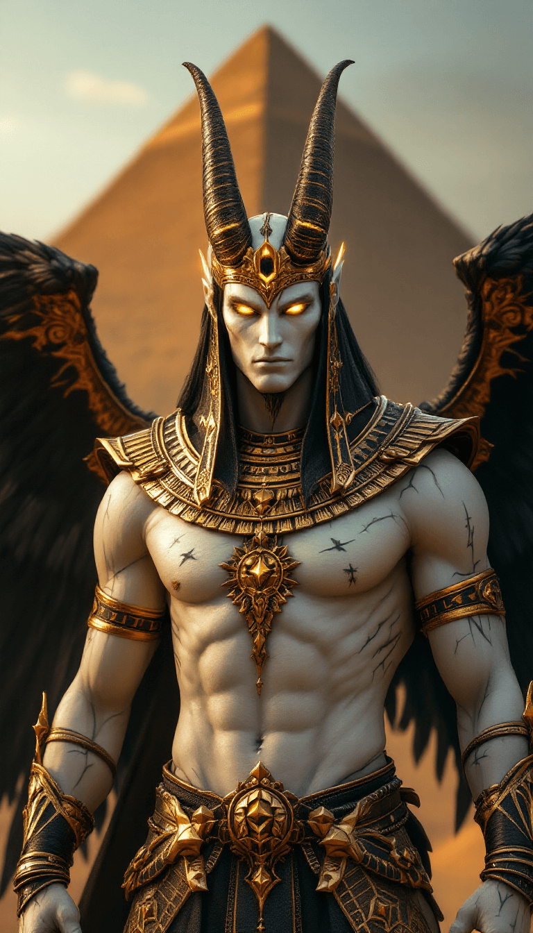 AI generated: anubis god of death egypt, male, priest, white body skin,  full body fantasy rpg armor with extrem g...
