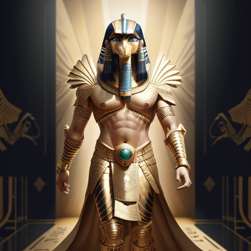AI generated: Horus, (hawk head, golden armor, Egyptian makeup), (Egyptian background), full body, cinematic shot,...