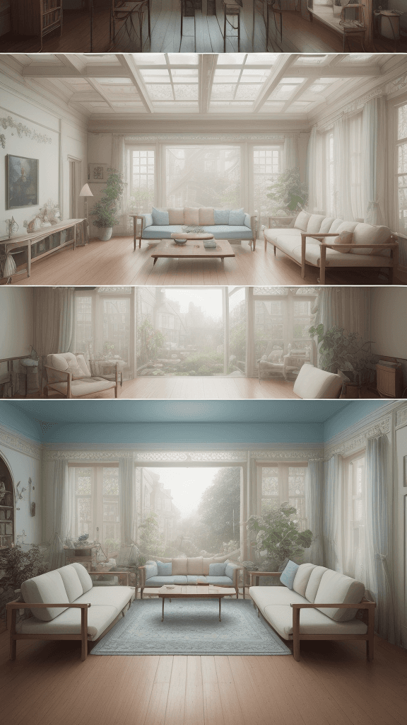 AI generated: High resolution photography interior design, dreamy sunken living room conversation pit, wooden floo...