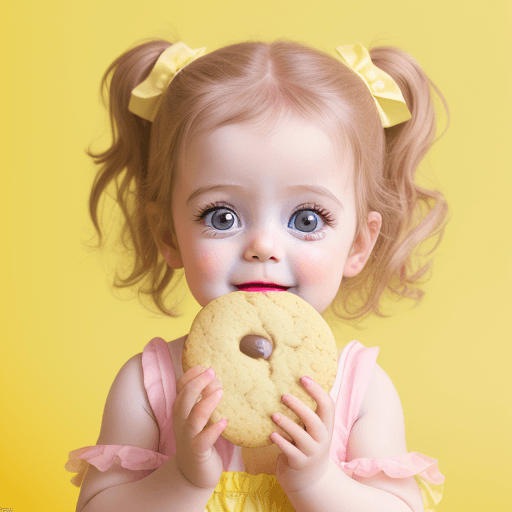 AI generated: portrait photography of a cute 3 years old British baby girl wearing a pastel outfit, holding a cook...