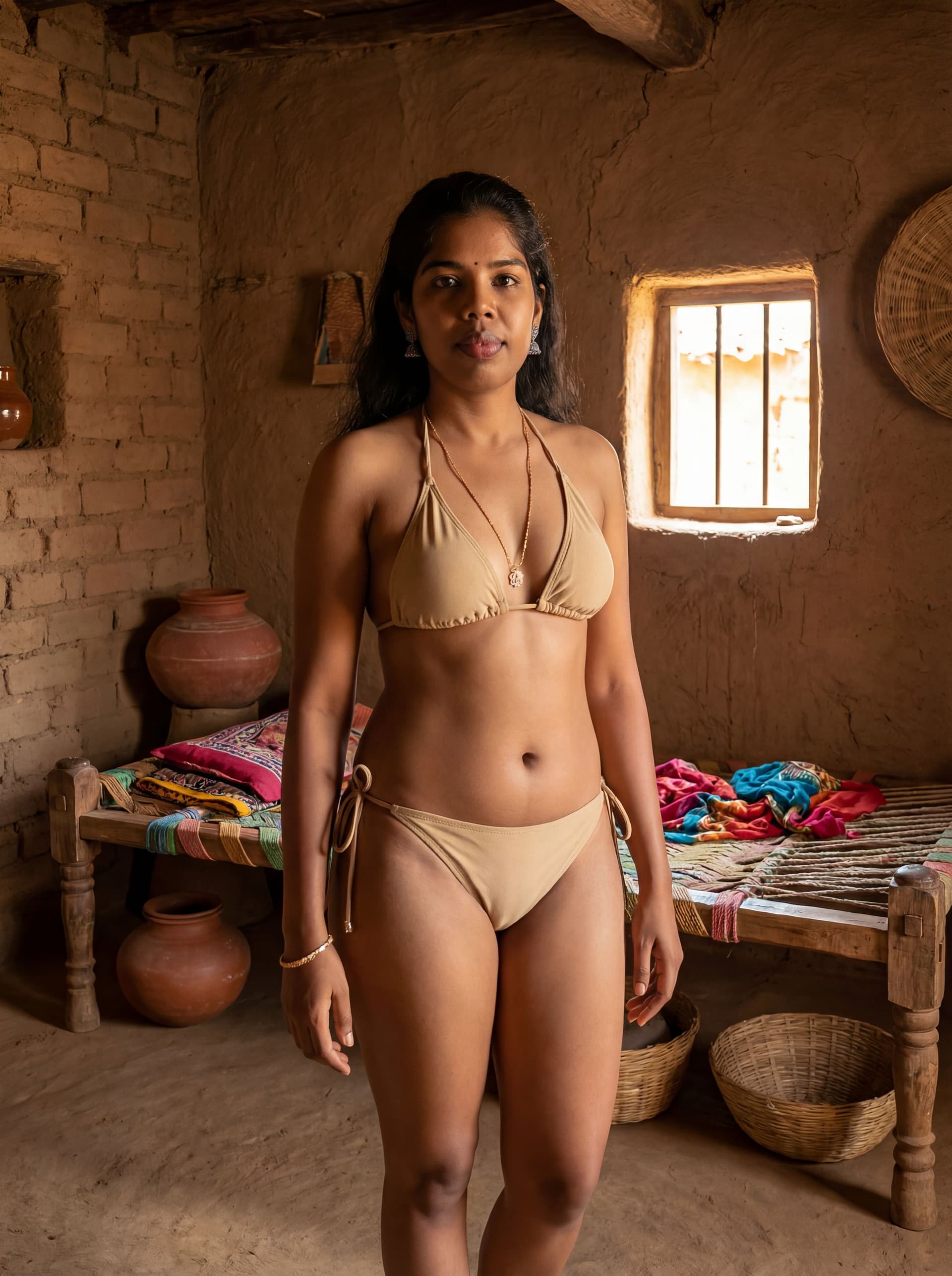 AI generated: Change the dress dress is sand color bikini and change the place is village bedroom and change the p...