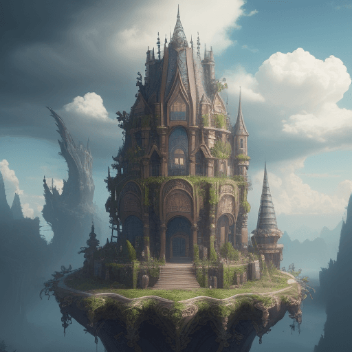 AI generated: fantasy building, clouds around it, plants surrounding it, aesthetic and beautiful, ultra detailed, ...