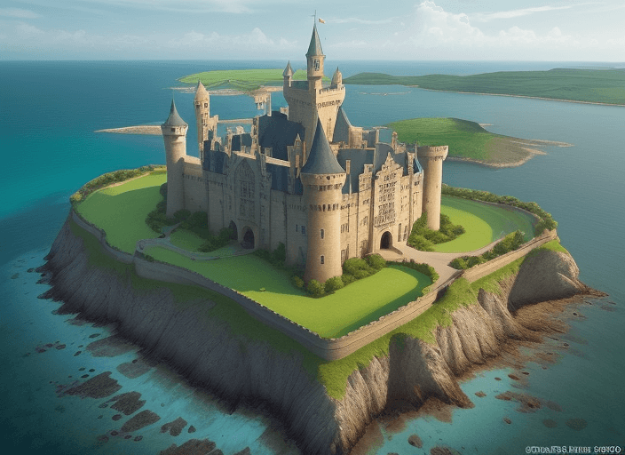 AI generated: ((A R T)) word, castle, pasture landscape, sea, mix background, setting top view, word, Setting: Top...