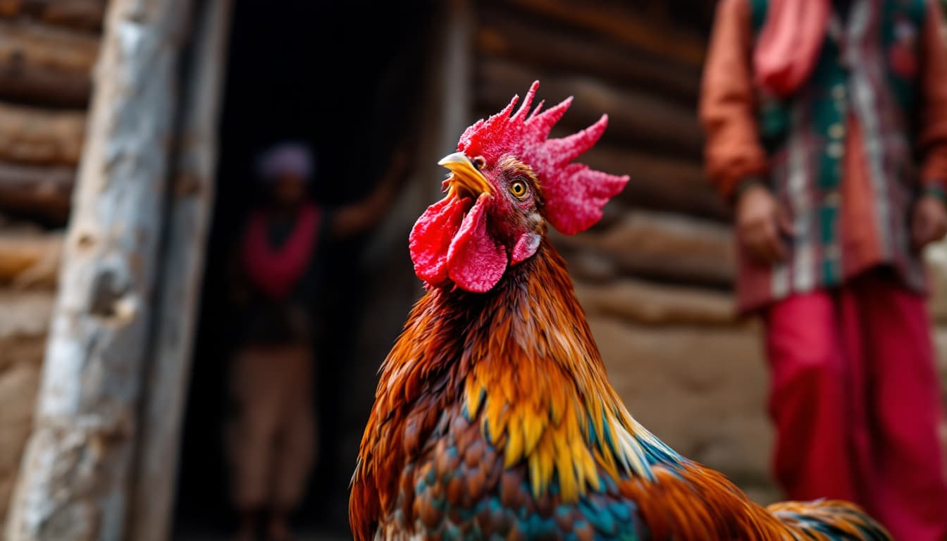 AI generated: Prompt: Close-up of a rooster crowing beside a Gilani wooden house, its vibrant feathers echoing the...